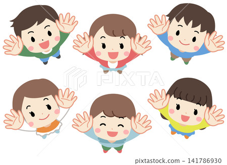 An illustration of children looking up and waving. An illustration of children looking up and waving. 141786930
