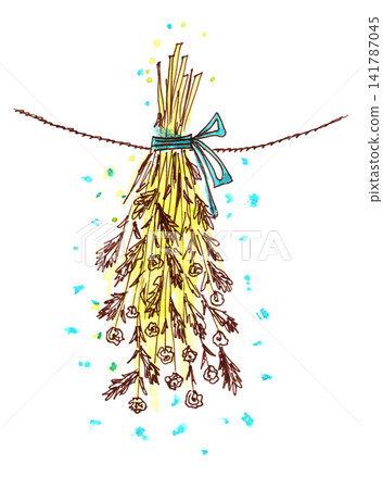 Hand-drawn in ink. A bouquet of wild healing herbs for medicinal tea is dried hanging. Collection, harvesting of plants for a natural home pharmacy. Herbal medicine and health care Hand-drawn in ink. A bouquet of wild healing herbs for medicinal tea is dried hanging. Collection, harvesting of plants for a natural home pharmacy. Herbal medicine and health care 141787045
