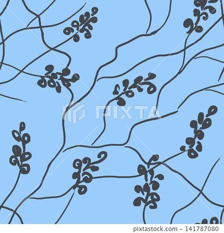 Simple floral natural seamless pattern, silhouette of branches with petals, buds on a gentle blue background. Illustration for the decor of packaging, wrappers, wallpapers, clothes, fabrics, bedding. Simple floral natural seamless pattern, silhouette of branches with petals, buds on a gentle blue background. Illustration for the decor of packaging, wrappers, wallpapers, clothes, fabrics, bedding. 141787080