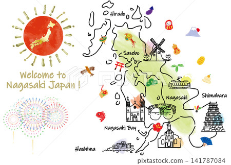長崎縣旅遊景點的可愛手繪插圖地圖 長崎縣旅遊景點的可愛手繪插圖地圖 141787084