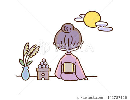 一位身著和服的女子凝望著滿月,周圍環繞著蒲葦草和賞月餃子(賞月,秋季) 一位身著和服的女子凝望著滿月,周圍環繞著蒲葦草和賞月餃子(賞月,秋季) 141787126