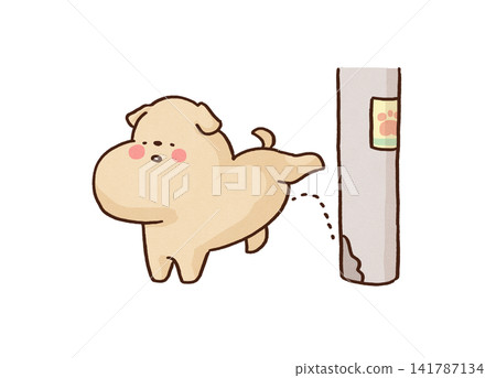 A dog lifts one leg and urinates on a utility pole (marking territory/walk). A dog lifts one leg and urinates on a utility pole (marking territory/walk). 141787134