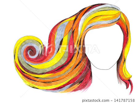 Drawing with colored pencils. A girl with long beautiful, wavy, red, orange, fiery curls. Bright illustration for henna hair dye design, cosmetics shop, hairdresser, beauty salon. 141787158