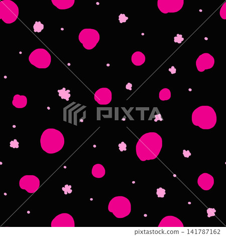 Simple abstract seamless pattern. Pink polka dots on a black background. Illustration for the design of fabric, bedding, clothes, packaging, wrappers. Simple abstract seamless pattern. Pink polka dots on a black background. Illustration for the design of fabric, bedding, clothes, packaging, wrappers. 141787162