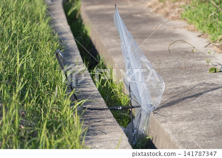 路邊溝渠裡遺棄著一把破損的透明雨傘。 路邊溝渠裡遺棄著一把破損的透明雨傘。 141787347