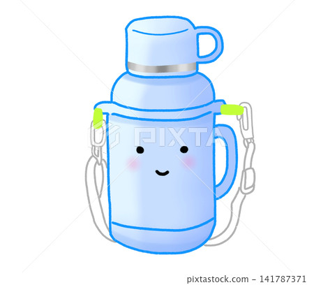 A light blue water bottle with a shoulder strap and a cup. A light blue water bottle with a shoulder strap and a cup. 141787371