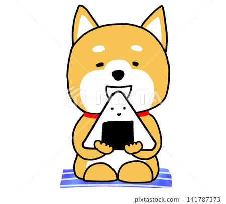 一隻柴犬盤腿而坐,微笑地吃著一個大大的三角形飯糰。 一隻柴犬盤腿而坐,微笑地吃著一個大大的三角形飯糰。 141787373