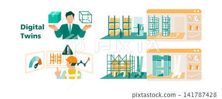 利用數位孿生技術和智慧工廠的商業人士的概念圖。 141787428