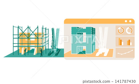 Digital twin of a construction site and 3D simulation illustration of an unfinished structure. Digital twin of a construction site and 3D simulation illustration of an unfinished structure. 141787430
