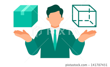 An illustration of a businessman holding up a physical cardboard box and a 3D digital twin model. An illustration of a businessman holding up a physical cardboard box and a 3D digital twin model. 141787431
