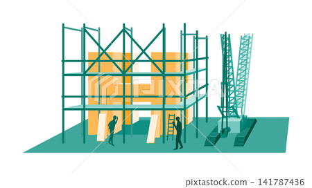 概念插圖描繪了建築工地上的起重機作業和建築物,代表了基礎設施開發和施工管理。 概念插圖描繪了建築工地上的起重機作業和建築物,代表了基礎設施開發和施工管理。 141787436