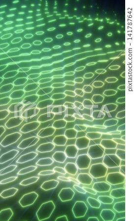 Glowing green cellular grid pattern with neon hexagonal shapes, creating a futuristic digital biology or technology surface. 141787642