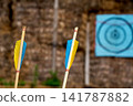 Traditional wooden arrows with blue and yellow fletching at an archery range. 141787882