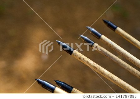 Close-up of traditional wooden archery arrows with metal tips. Close-up of traditional wooden archery arrows with metal tips. 141787883