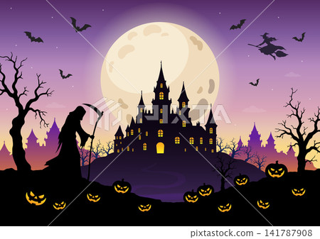 Halloween illustration: Full moon, castle, witch, and grim reaper Halloween illustration: Full moon, castle, witch, and grim reaper 141787908