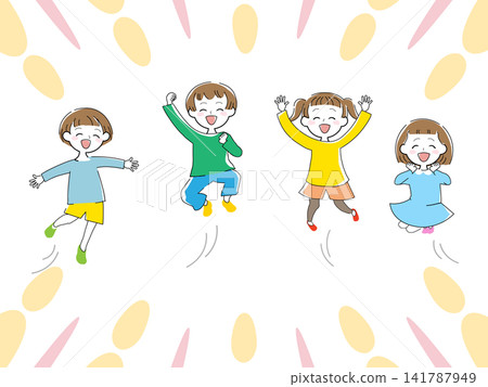 A full-body illustration of cheerful, smiling young children jumping around energetically. A full-body illustration of cheerful, smiling young children jumping around energetically. 141787949