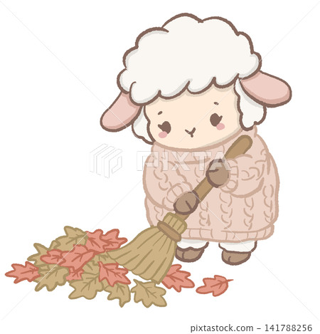 Cute Kawaii Chibi Lamb Sweeping Colorful Autumn Leaves with a Rustic Broom Cozy Fall Clipart Illustration Cute Kawaii Chibi Lamb Sweeping Colorful Autumn Leaves with a Rustic Broom Cozy Fall Clipart Illustration 141788256