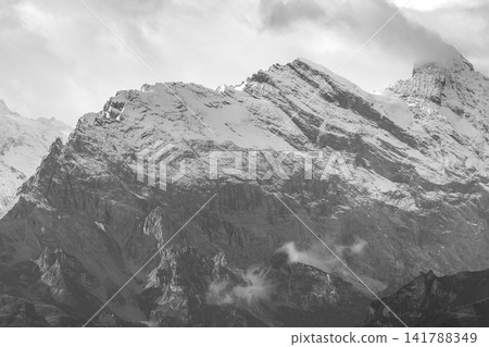 Gspaltenhorn Murren Lauterbrunnen Swiss Alps Switzerland snow rocky mountain range black and white Gspaltenhorn Murren Lauterbrunnen Swiss Alps Switzerland snow rocky mountain range black and white 141788349