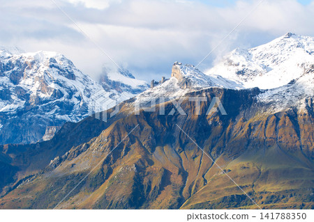 Schilthorn Birg Lauterbrunnen Bernese Oberland Swiss Alps Switzerland snow covered mountain peaks and observatory Schilthorn Birg Lauterbrunnen Bernese Oberland Swiss Alps Switzerland snow covered mountain peaks and observatory 141788350