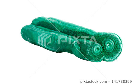 Vibrant green malachite crystal specimen with rich banding patterns isolated on white background Vibrant green malachite crystal specimen with rich banding patterns isolated on white background 141788399