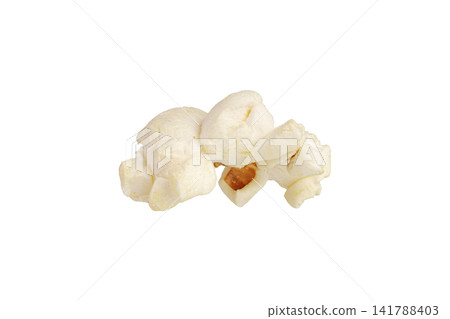 Delicious salty popcorn isolated on white. Concept of home cinema, leisure and movie watching. Delicious salty popcorn isolated on white. Concept of home cinema, leisure and movie watching. 141788403