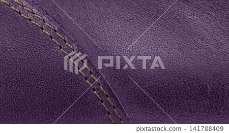 Close-up of Purple genuine leather texture with double stitching Close-up of Purple genuine leather texture with double stitching 141788409