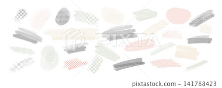 Soft pastel brush strokes and dotted shapes in gray, beige, pink and white on a clean white background. Minimal abstract design with a calm modern feel Soft pastel brush strokes and dotted shapes in gray, beige, pink and white on a clean white background. Minimal abstract design with a calm modern feel 141788423