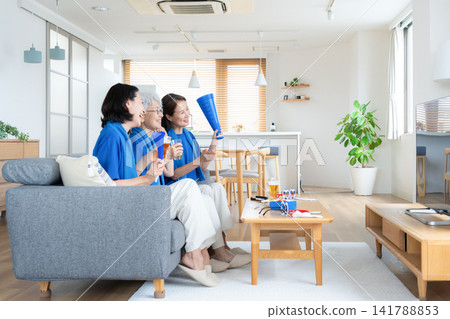 A senior female friend who watches soccer at home A senior female friend who watches soccer at home 141788853