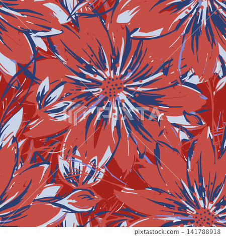 Seamless vector abstract floral pattern with bold brush stroke flowers in rust red, navy, and sky blue. Ideal for fashion textiles and wallpaper. Seamless vector abstract floral pattern with bold brush stroke flowers in rust red, navy, and sky blue. Ideal for fashion textiles and wallpaper. 141788918