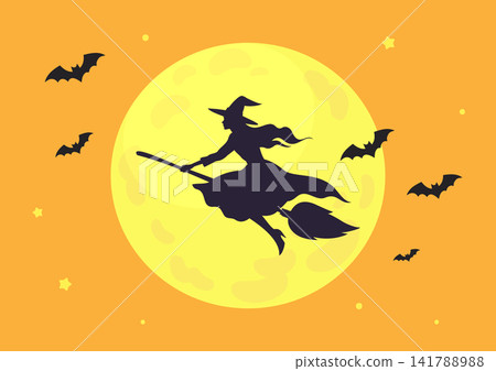A Halloween witch, bats, and moon in an orange background. A Halloween witch, bats, and moon in an orange background. 141788988