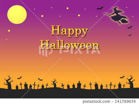 A Halloween illustration of a witch flying on a full moon night. A Halloween illustration of a witch flying on a full moon night. 141789034
