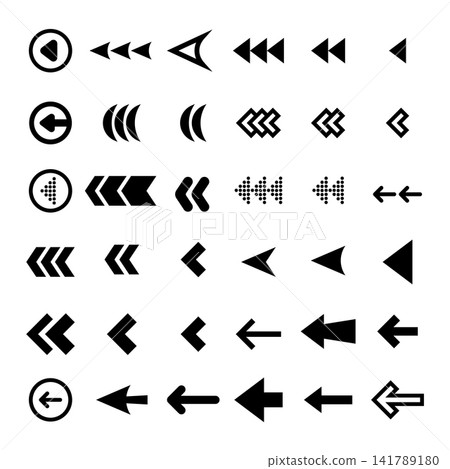 Set of style black vector left arrows isolated on white. Arrow vector set. Arrows vector illustration collection Set of style black vector left arrows isolated on white. Arrow vector set. Arrows vector illustration collection 141789180