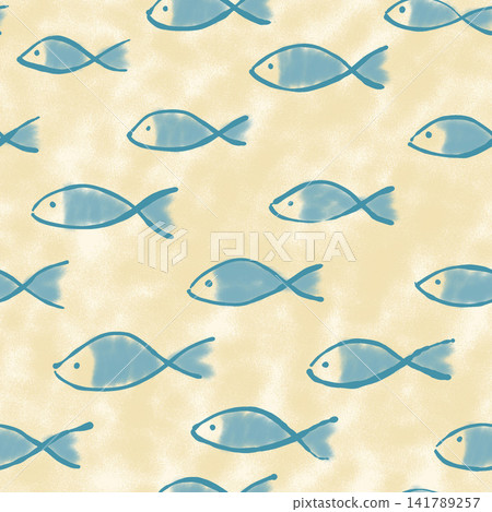 Seamless fish pattern with teal blue hand drawn fish on cream beige textured background illustration. Seamless fish pattern with teal blue hand drawn fish on cream beige textured background illustration. 141789257