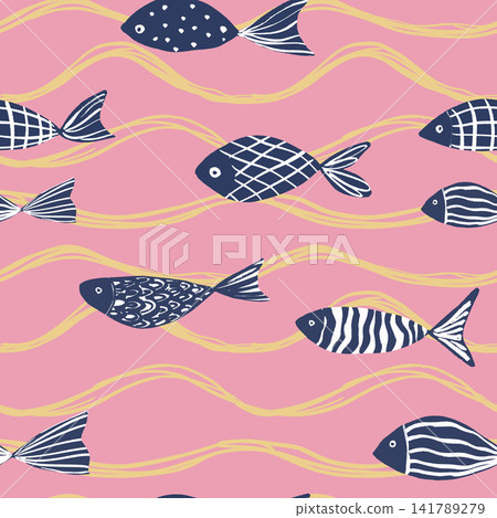 Seamless fish pattern with navy blue hand drawn sea fish and golden waves on pink background illustration. Seamless fish pattern with navy blue hand drawn sea fish and golden waves on pink background illustration. 141789279