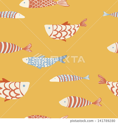 Seamless fish pattern with colorful hand drawn sea fish on yellow mustard background illustration. Seamless fish pattern with colorful hand drawn sea fish on yellow mustard background illustration. 141789280