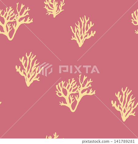 Seamless coral branch pattern with cream yellow silhouettes on dusty pink background illustration. Seamless coral branch pattern with cream yellow silhouettes on dusty pink background illustration. 141789281