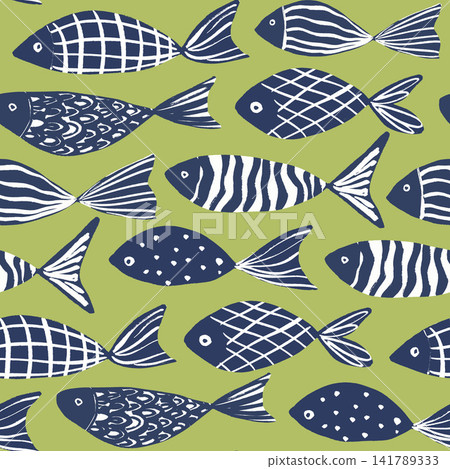 Seamless fish pattern with navy blue hand drawn sea fish in different styles on lime green background illustration. Seamless fish pattern with navy blue hand drawn sea fish in different styles on lime green background illustration. 141789333