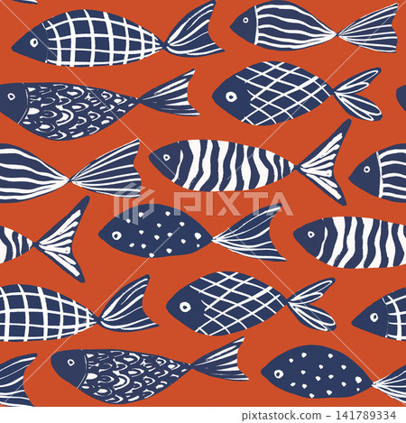 Seamless decorative fish pattern with navy blue ornamental fish on orange red background illustration. Seamless decorative fish pattern with navy blue ornamental fish on orange red background illustration. 141789334