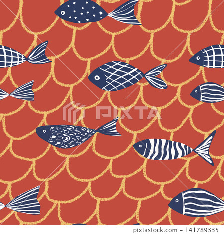 Seamless fish pattern with navy blue hand drawn fish and scallop shell background on terracotta red illustration. Seamless fish pattern with navy blue hand drawn fish and scallop shell background on terracotta red illustration. 141789335