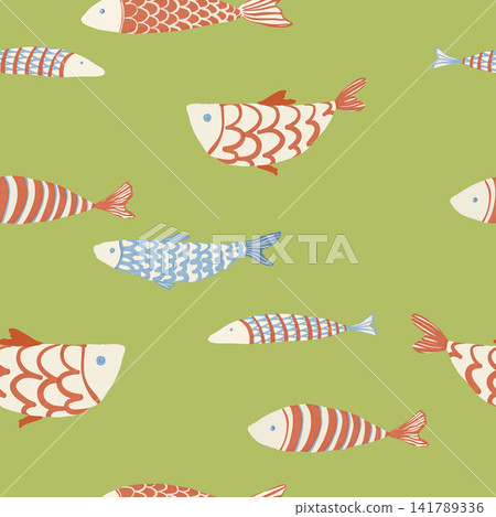 Seamless fish pattern with colorful hand drawn sea fish in red blue and cream on lime green background illustration. Seamless fish pattern with colorful hand drawn sea fish in red blue and cream on lime green background illustration. 141789336