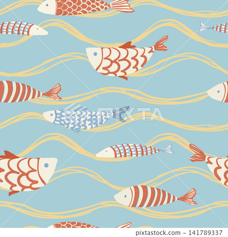 Seamless fish pattern with colorful decorative fish swimming in wavy lines on light blue background illustration. Seamless fish pattern with colorful decorative fish swimming in wavy lines on light blue background illustration. 141789337