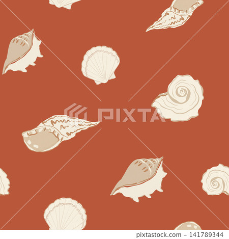 Seamless seashell pattern with cream shells on terracotta red background illustration. 141789344