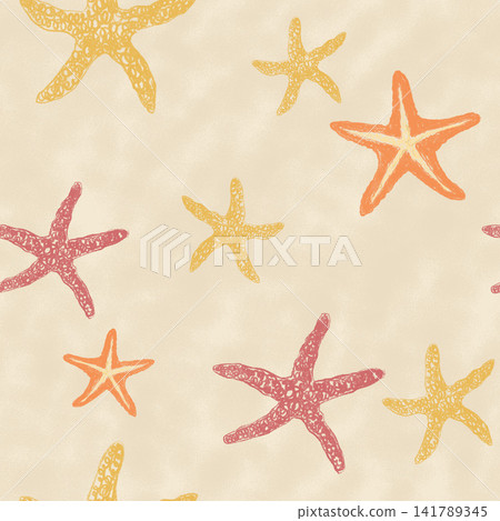 Seamless scattered starfish pattern with colorful sea stars in orange yellow and pink on beige cream background hand drawn. Seamless scattered starfish pattern with colorful sea stars in orange yellow and pink on beige cream background hand drawn. 141789345
