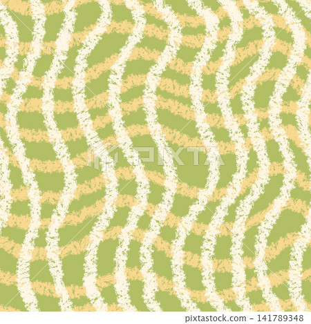 Seamless abstract wavy stripe pattern with cream, pale yellow, and green brush textures on olive background illustration. 141789348