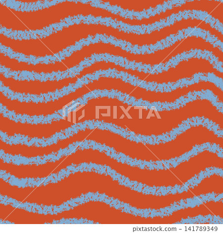 Seamless wavy stripe pattern with light blue textured waves on terracotta red background abstract hand drawn illustration. Seamless wavy stripe pattern with light blue textured waves on terracotta red background abstract hand drawn illustration. 141789349