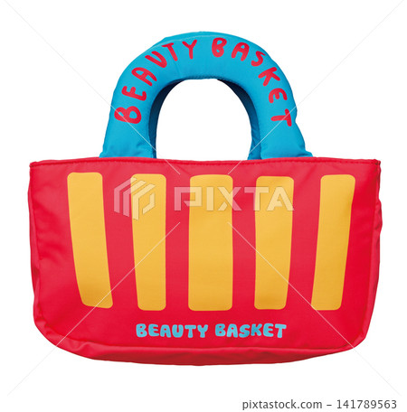 Mini tote bag with blue handles, red and yellow stripes, white background, cutout. Mini tote bag with blue handles, red and yellow stripes, white background, cutout. 141789563
