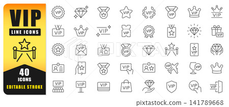 VIP Line Icon Set Featuring 40 Editable Stroke Icons For Premium Membership, Exclusive Access, Awards, Loyalty Programs, And Luxury Services. Perfect For Apps, Websites, Branding, UI, And Print Design VIP Line Icon Set Featuring 40 Editable Stroke Icons For Premium Membership, Exclusive Access, Awards, Loyalty Programs, And Luxury Services. Perfect For Apps, Websites, Branding, UI, And Print Design 141789668