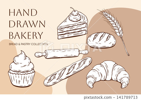 Hand drawn bakery collection with bread croissant cupcake cake and wheat Hand drawn bakery collection with bread croissant cupcake cake and wheat 141789713