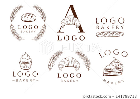 Hand drawn bakery logo collection with bread croissant cupcake cake and wheat Hand drawn bakery logo collection with bread croissant cupcake cake and wheat 141789718