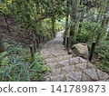 Stone-paved stairs and walking paths surrounded by lush greenery in Sankei-en Garden, Mihara City, Hiroshima Prefecture. 141789873